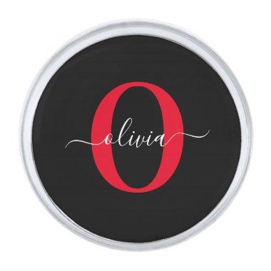 Personalized Monogram Script Name Black White Red Silver Finish Lapel Pin