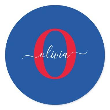 Personalized Monogram Script Name Blue White Red Classic Round Sticker