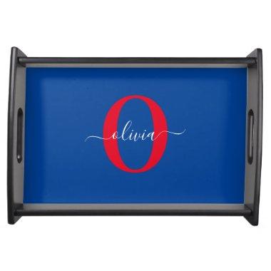 Personalized Monogram Script Name Blue White Red Serving Tray
