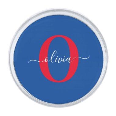 Personalized Monogram Script Name Blue White Red Silver Finish Lapel Pin