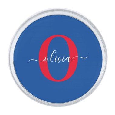 Personalized Monogram Script Name Blue White Red Silver Finish Lapel Pin