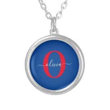 Personalized Monogram Script Name Blue White Red Silver Plated Necklace