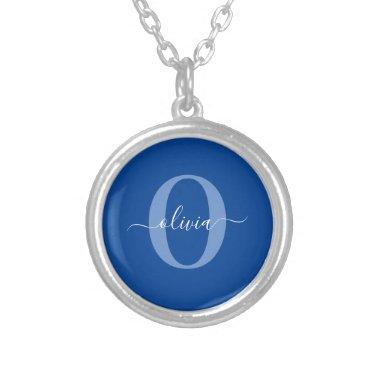 Personalized Monogram Script Name Blue White Silver Plated Necklace