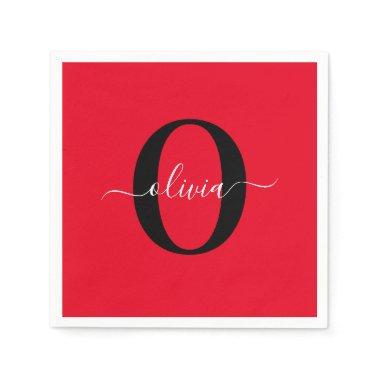 Personalized Monogram Script Name Red Black White Napkins