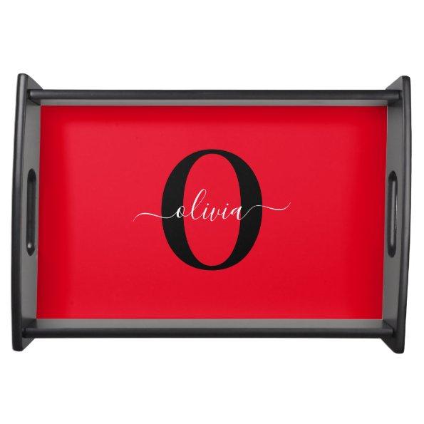 Personalized Monogram Script Name Red Black White Serving Tray