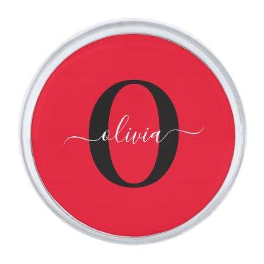 Personalized Monogram Script Name Red Black White Silver Finish Lapel Pin