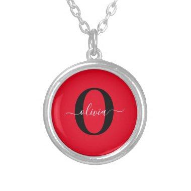Personalized Monogram Script Name Red Black White Silver Plated Necklace