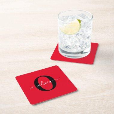 Personalized Monogram Script Name Red Black White Square Paper Coaster