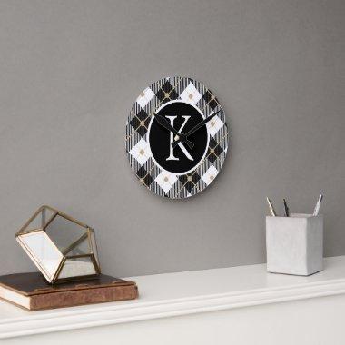Personalized Monogrammed Black White Gold Plaid Round Clock