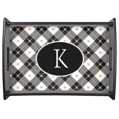 Personalized Monogrammed Black White Gold Plaid Serving Tray