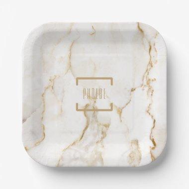 Personalized Name Gold Marble Pattern Paper Plates