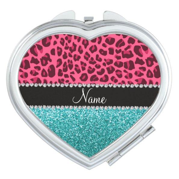 Personalized name pink leopard turquoise glitter compact mirror