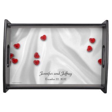 Personalized Names Wedding Silver with Red Hearts Serving Tray