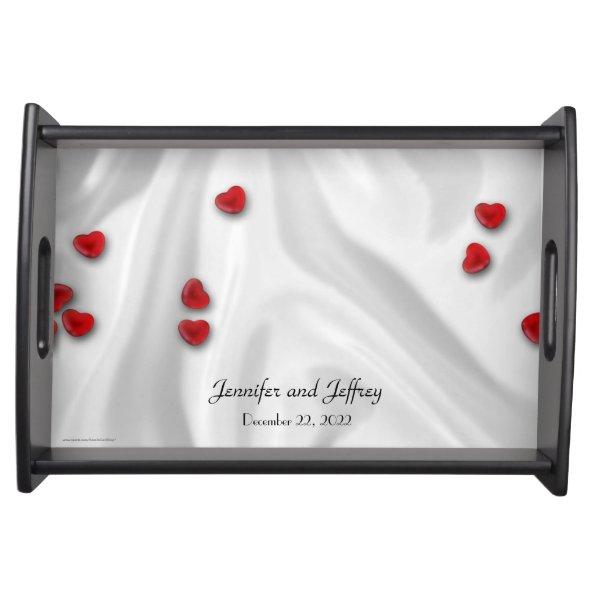 Personalized Names Wedding Silver with Red Hearts Serving Tray