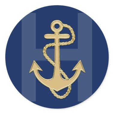 Personalized Nautical Navy Blue Gold MONOGRAM Classic Round Sticker