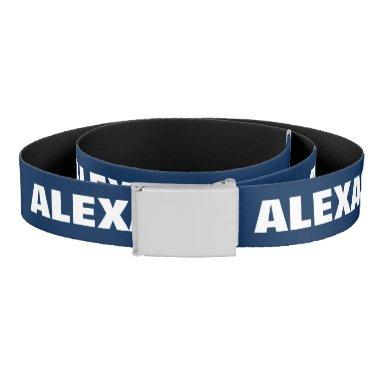 Personalized navy blue canvas belt with bold text