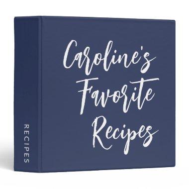 Personalized Navy Blue Elegant Script Recipe 3 Ring Binder
