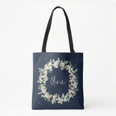 Personalized Navy Snowberry+Eucalyptus Wedding Tote Bag