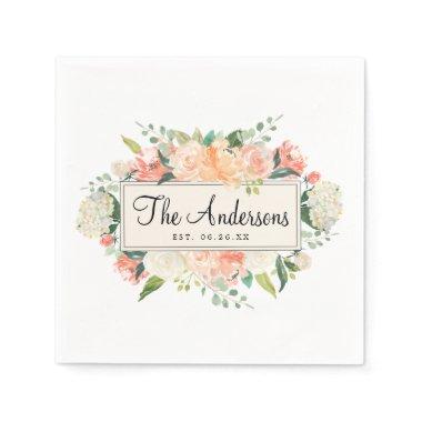 Personalized Peach Floral Wedding Cocktail Napkin
