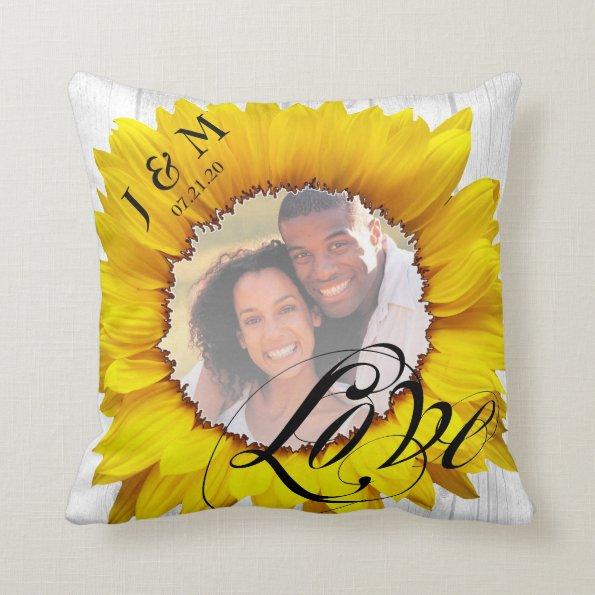 Personalized Photo Sunflower Wedding Names Date Throw Pillow