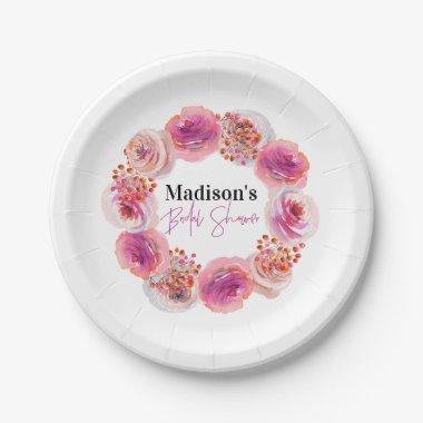 Personalized Pink Floral Bridal Shower Paper Plates