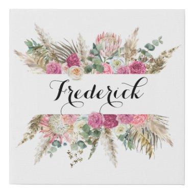 Personalized Pink Floral Last Name Faux Canvas Print