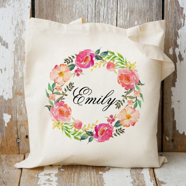 Personalized Pink Floral Wreath Braidsmaid,Welcome Tote Bag