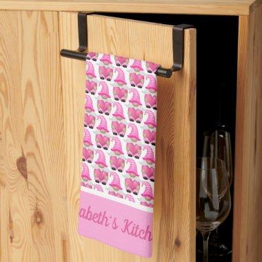 Personalized Pink Gnomes Hearts Woodland Whimsical Kitchen Towel