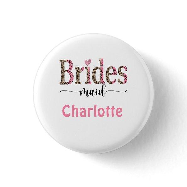 Personalized Pink Gray Leopard Print Bridesmaid Button