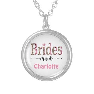 Personalized Pink Gray Leopard Print Bridesmaid Silver Plated Necklace