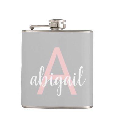 Personalized Pink Gray Modern Monogram Name Flask