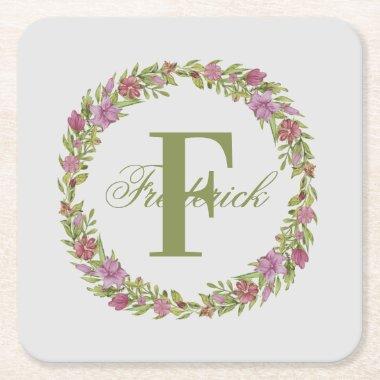 Personalized Pink Green Floral Last Name Monogram Square Paper Coaster