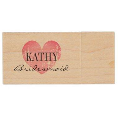 Personalized pink heart bridesmaid party favor wood flash drive