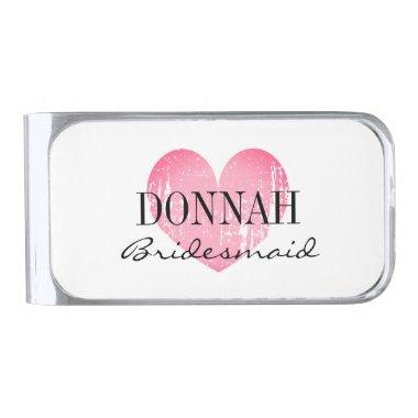 Personalized pink heart bridesmaid silver finish money clip