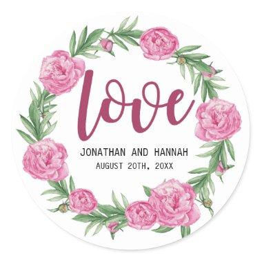 Personalized Pink Peony Floral Wedding Love Classic Round Sticker