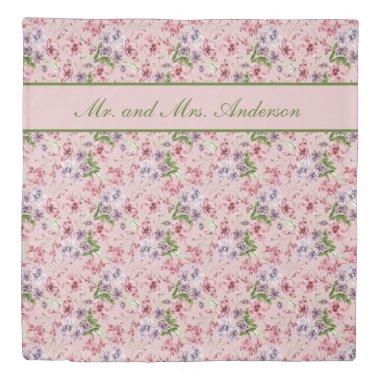 Personalized Pink Purple Green Floral Wedding Gift Duvet Cover