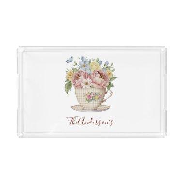 Personalized Pink Yellow Blue Flowers in Tea cup Acrylic Tray