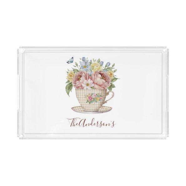 Personalized Pink Yellow Blue Flowers in Tea cup Acrylic Tray