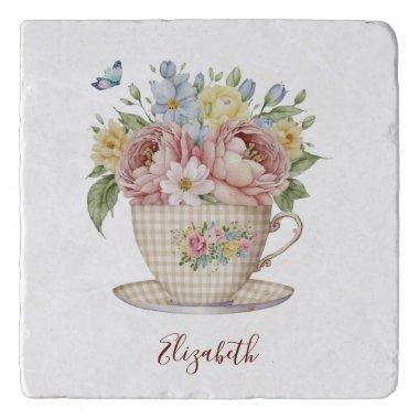 Personalized Pink Yellow Blue Flowers in Tea cup Trivet