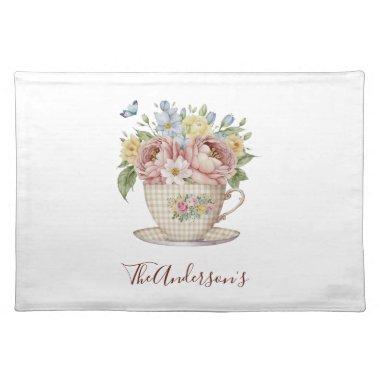 Personalized Pink Yellow Blue Flowers in Teacup Cloth Placemat