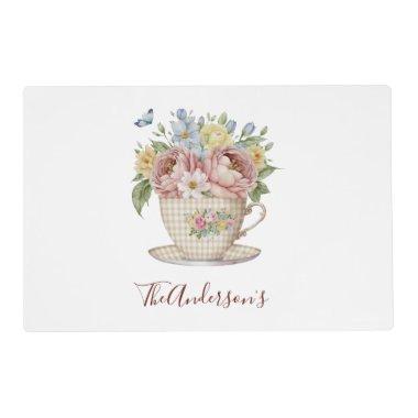 Personalized Pink Yellow Blue Flowers in Teacup Placemat
