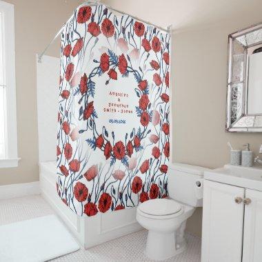 Personalized Poppy Floral Wedding Names and Date Shower Curtain