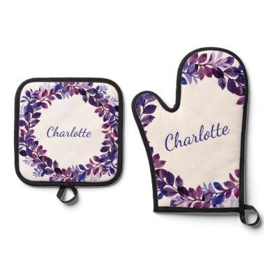Personalized Purple Floral Bridal Party Favor Oven Mitt & Pot Holder Set