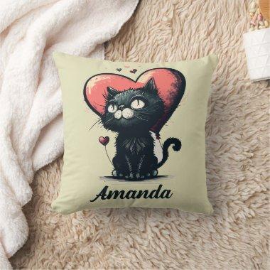 Personalized Quirky Black Valentine's Cat Throw Pillow