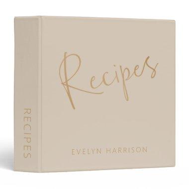 Personalized Recipe Journal in Beige and Gold 3 Ring Binder