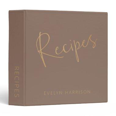Personalized Recipe Journal in Mocha Brown Gold 3 Ring Binder