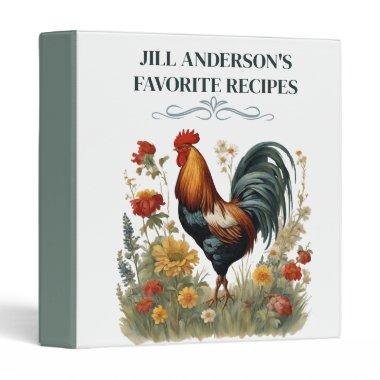 Personalized Recipes Vintage Botanical Rooster 3 Ring Binder