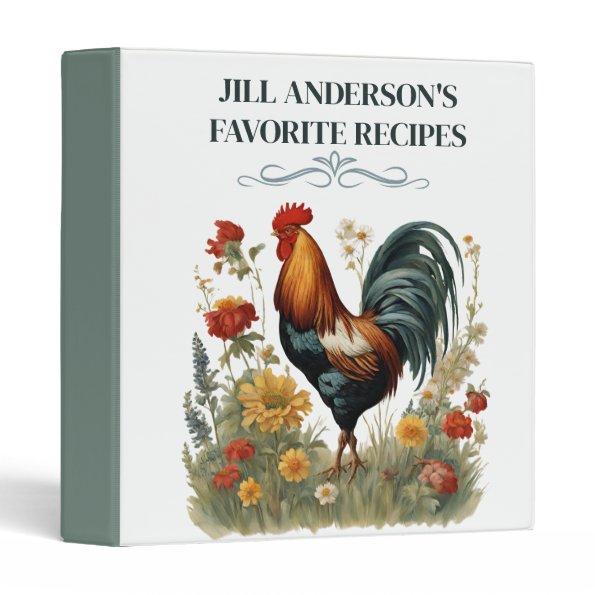 Personalized Recipes Vintage Botanical Rooster 3 Ring Binder