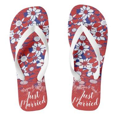 Personalized Red Floral Honeymoon Vibes Flip Flops