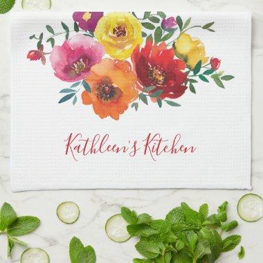 Personalized Red Yellow Pink Watercolor Floral Kitchen Towel